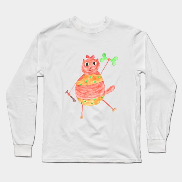 Cat athlete with dumbbells and bone from fish. Fashion trend painted in watercolor. Stylish design. Long Sleeve T-Shirt by grafinya